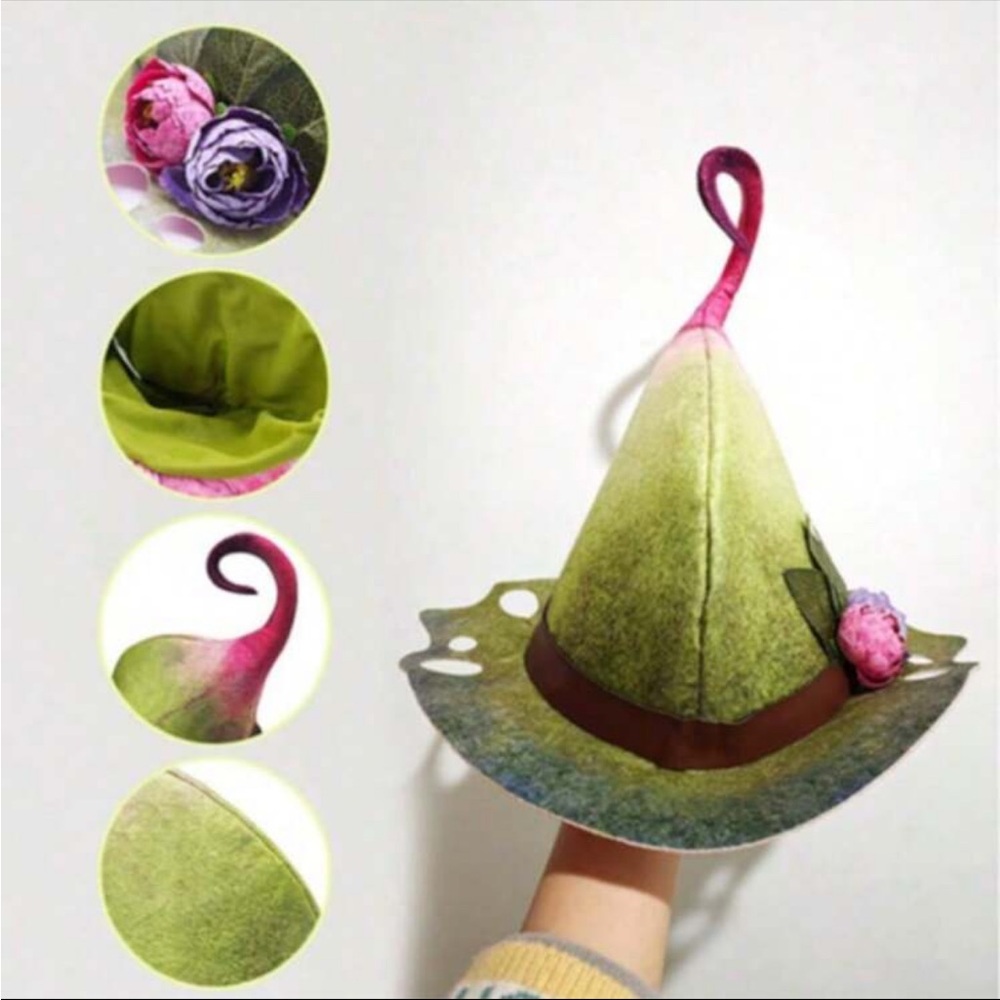 Whimsical Green Fairy Hat with Floral Accents - Picture 6 of 12